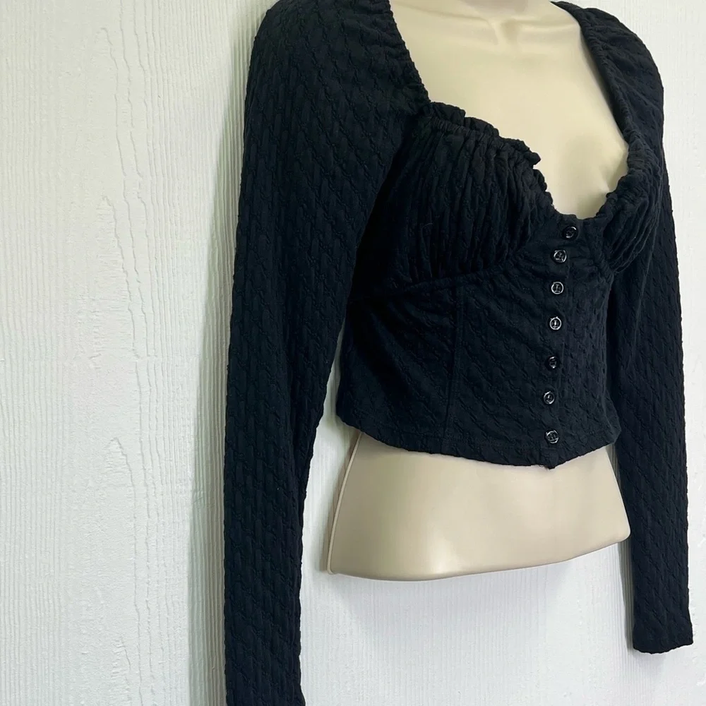 Free People - Lady Bug Black Sweetheart Neck Long Sleeve Crop Blouse Size XS